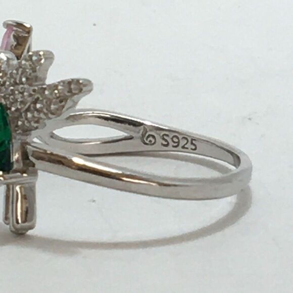 Sterling Silver Hummingbird Ring Adjustable Size 7 CZ Pink Flowers Green Body - Picture 2 of 16